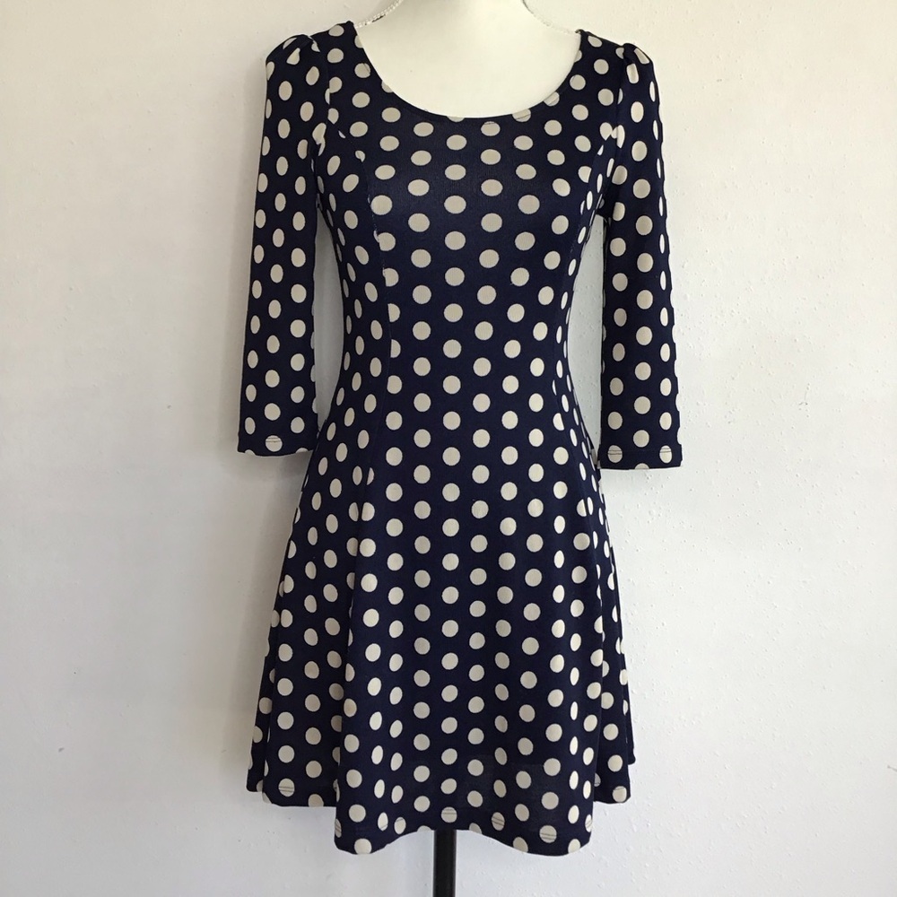 LAPIS WOMEN ELEGANT NAVY BLUE WHITE POLKA DOT SPRING PICNIC SKATER DRESS SIZE S